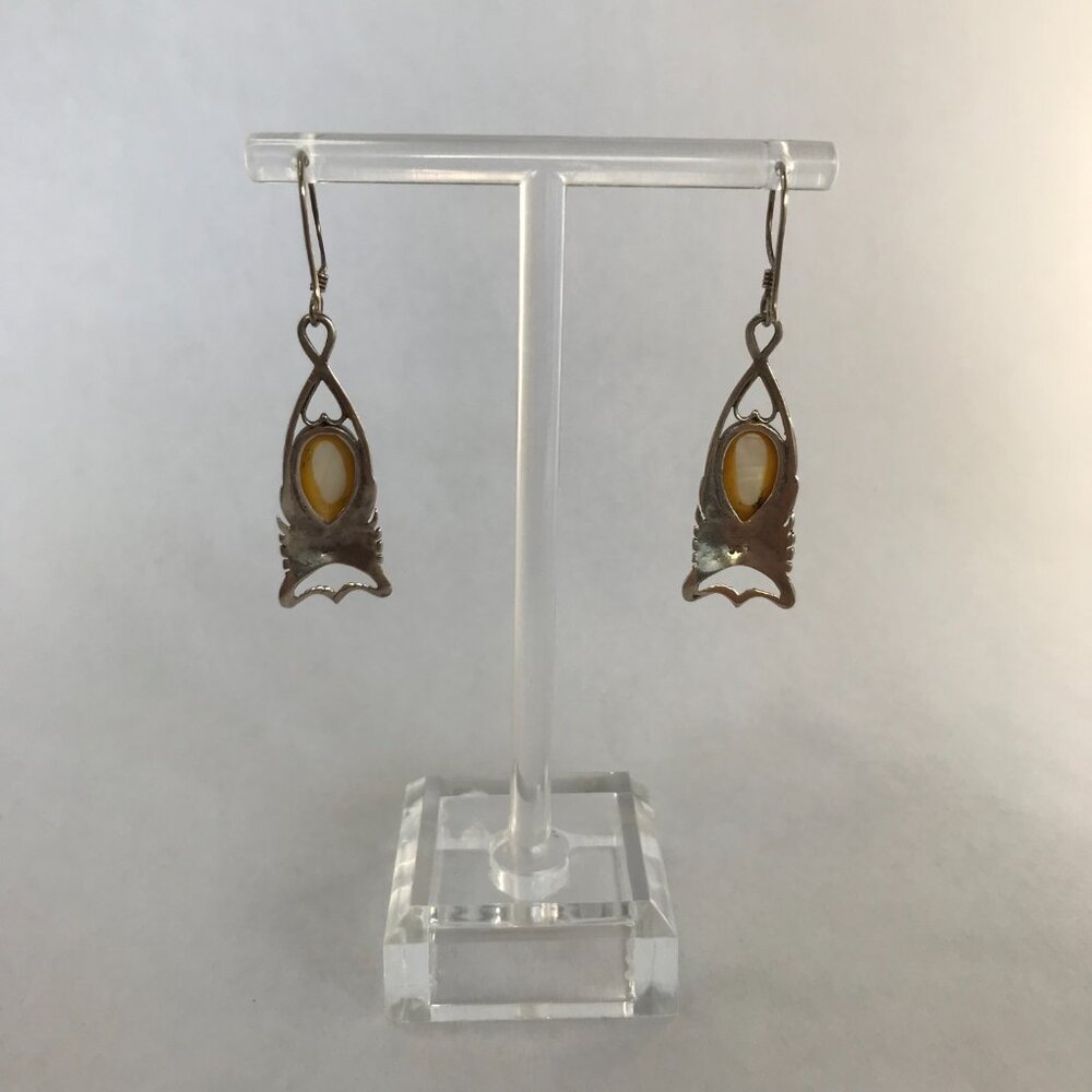 .925 Sterling Silver Art Deco White Mother of Pearl Drop Pierced Earrings - Picture 2 of 6